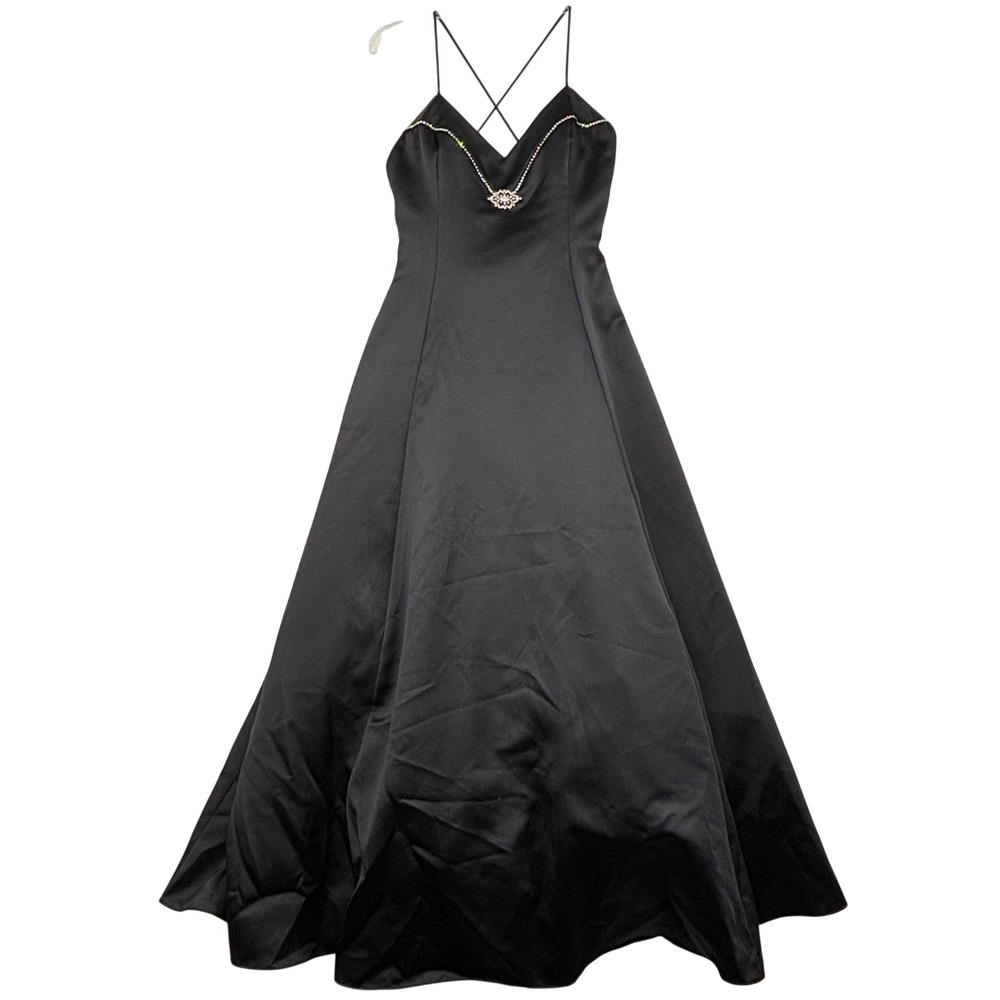 Jessica McClintock Rhinestone Satin Gown Size 12 Black Formal A-Line Dress FLAW